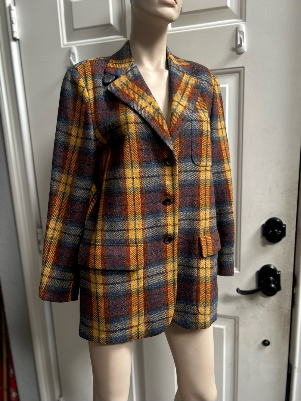Vtg Faconable women’s Plaid Wool-Blend Blazer Jacket in Yellow & Blue Sz S